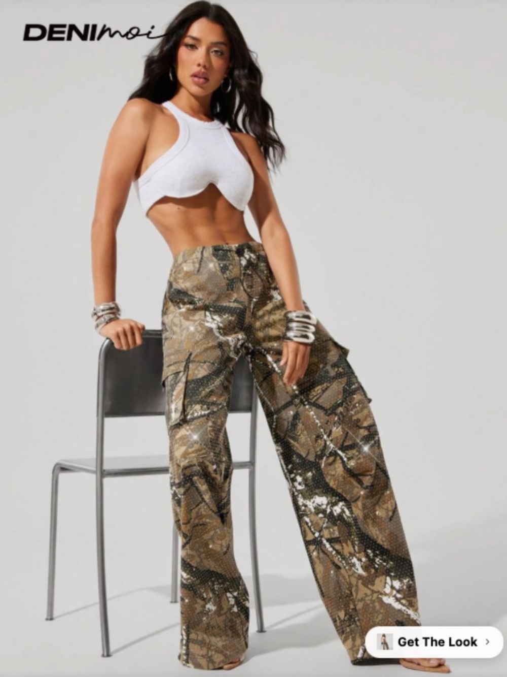NWT SHEIN Denimoi All Over Rhinestones Camo Cargo Pants